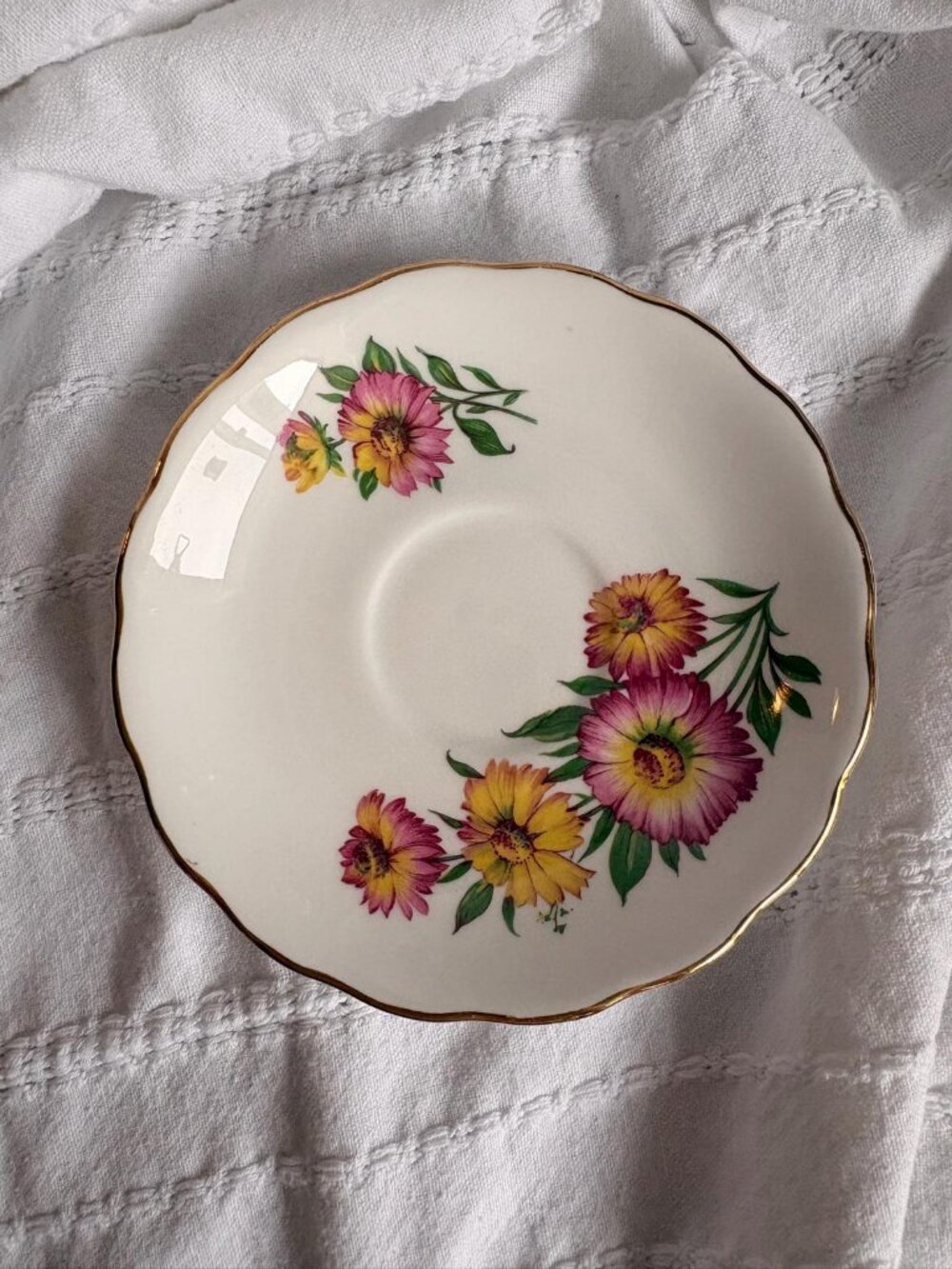 Vintage Royal Vale Bone China Saucer | Pink Yellow Floral Gold Trim (Made in Eng
